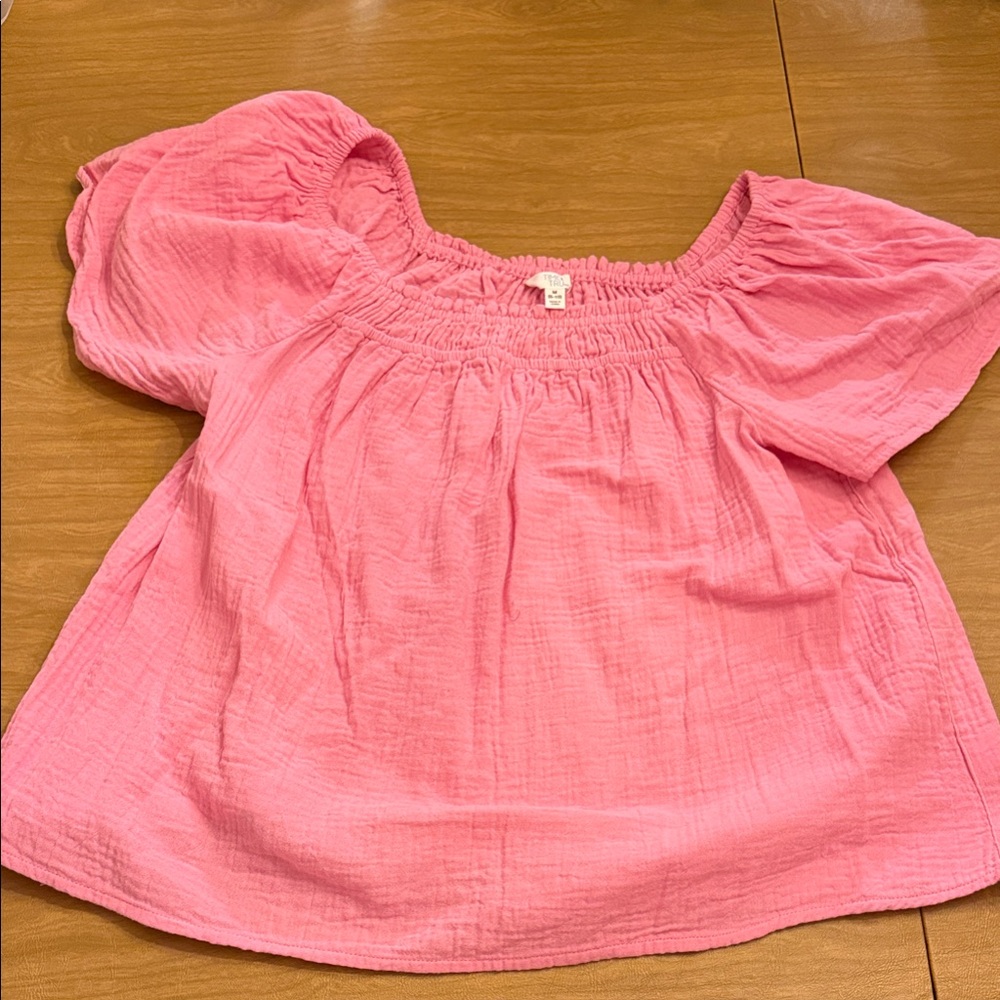 Time and Tru Pink Smocked Square-Neck Puff Sleeve Blouse